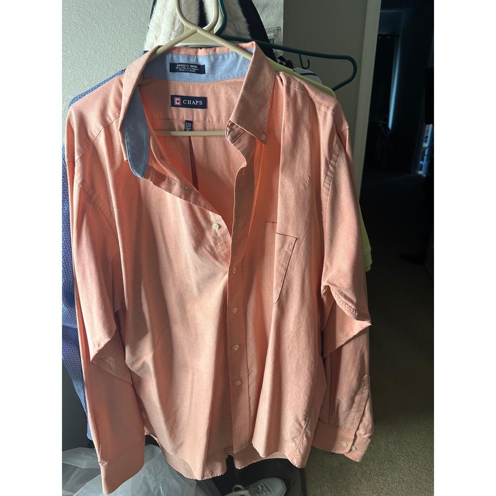 Chaps Oxford Shirt Mens 17-17.5 Peach Good Classic Fit Wrinkle Free Button Down